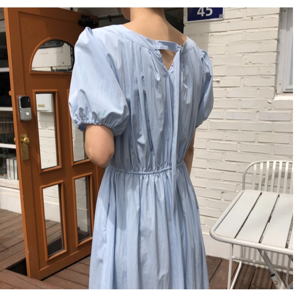 預購/HEDY赫蒂 正韓 前後二穿 優雅仙女皺褶連身長裙 細緻面料/腰鬆緊帶(FREE S-小L可穿)(藍/黑/墨色)-細節圖9