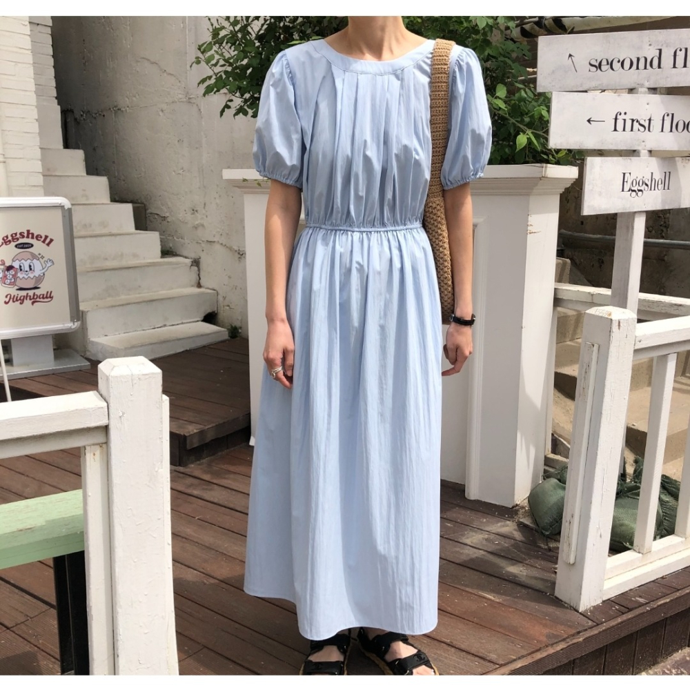 預購/HEDY赫蒂 正韓 前後二穿 優雅仙女皺褶連身長裙 細緻面料/腰鬆緊帶(FREE S-小L可穿)(藍/黑/墨色)-細節圖11