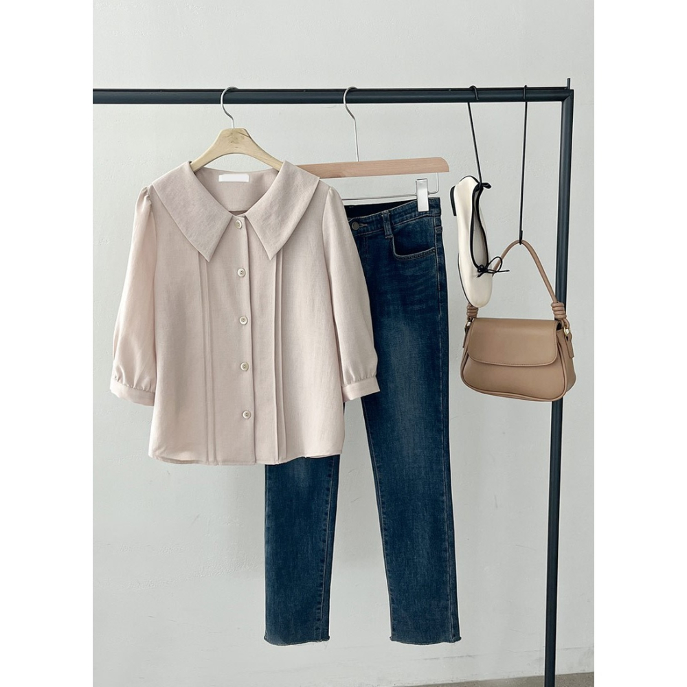 預購/HEDY赫蒂 正韓 W領 抓褶 五分袖雪紡衫 (FREE S/大M號)(薄荷/淺棕色/米色/黑色)-細節圖2