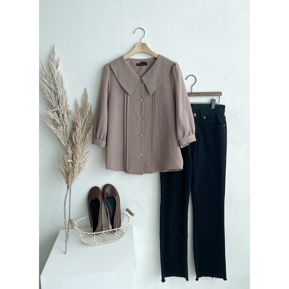 預購/HEDY赫蒂 正韓 W領 抓褶 五分袖雪紡衫 (FREE S/大M號)(薄荷/淺棕色/米色/黑色)-細節圖3