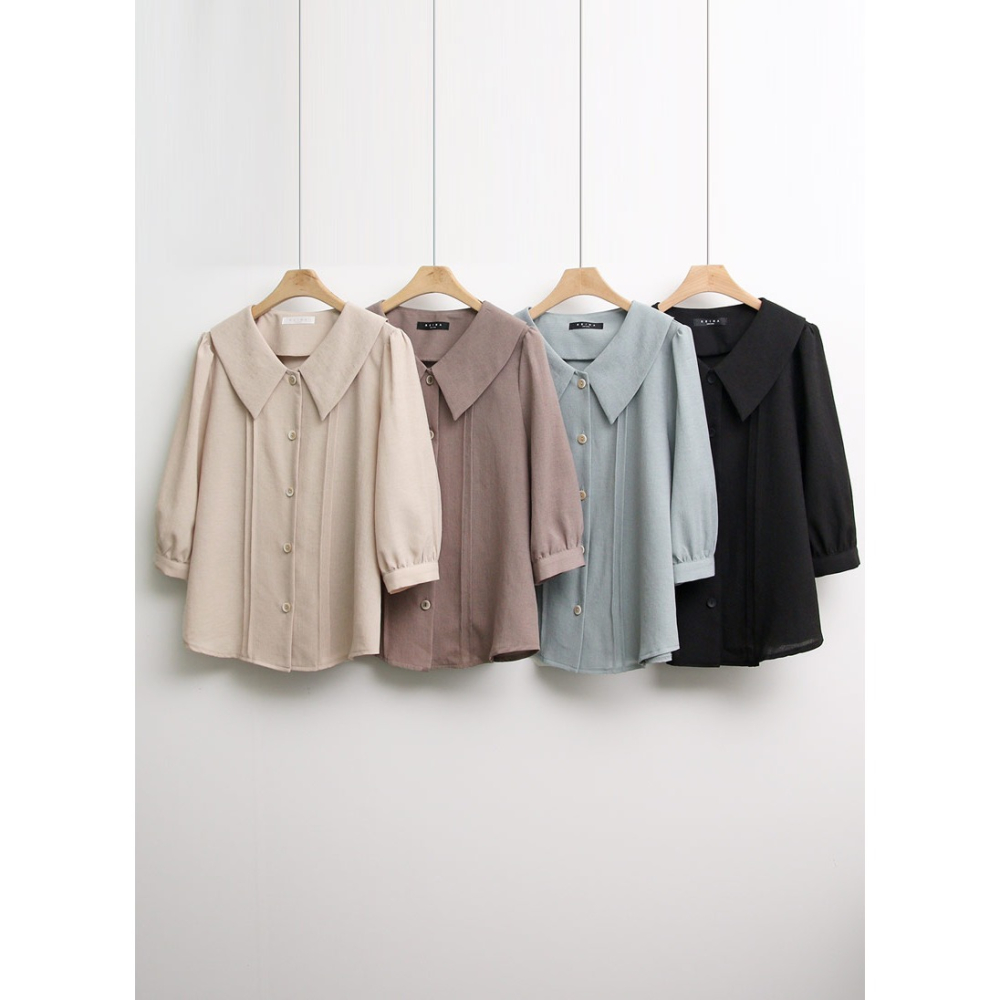 預購/HEDY赫蒂 正韓 W領 抓褶 五分袖雪紡衫 (FREE S/大M號)(薄荷/淺棕色/米色/黑色)-細節圖4