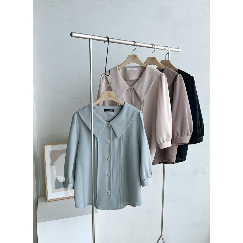 預購/HEDY赫蒂 正韓 W領 抓褶 五分袖雪紡衫 (FREE S/大M號)(薄荷/淺棕色/米色/黑色)-細節圖5