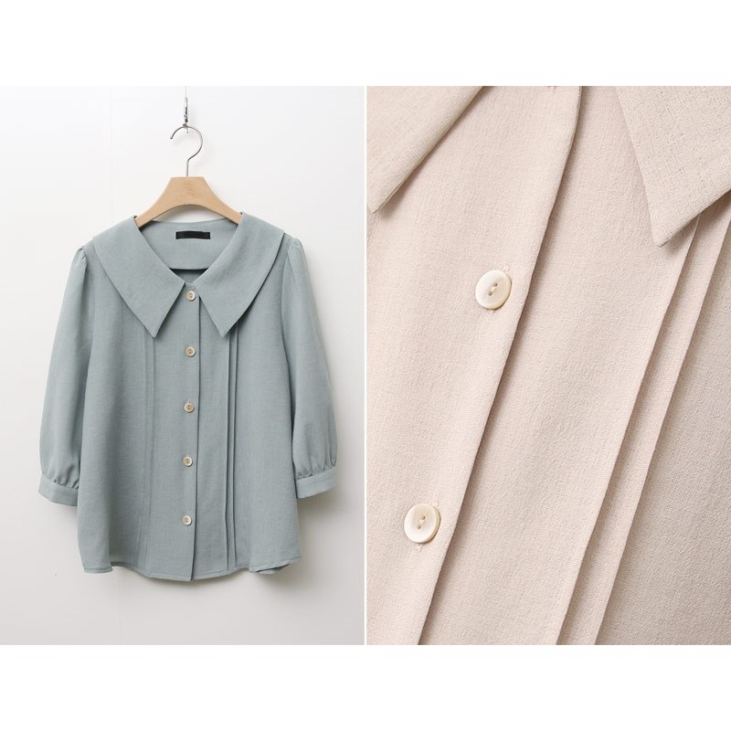 預購/HEDY赫蒂 正韓 W領 抓褶 五分袖雪紡衫 (FREE S/大M號)(薄荷/淺棕色/米色/黑色)-細節圖6