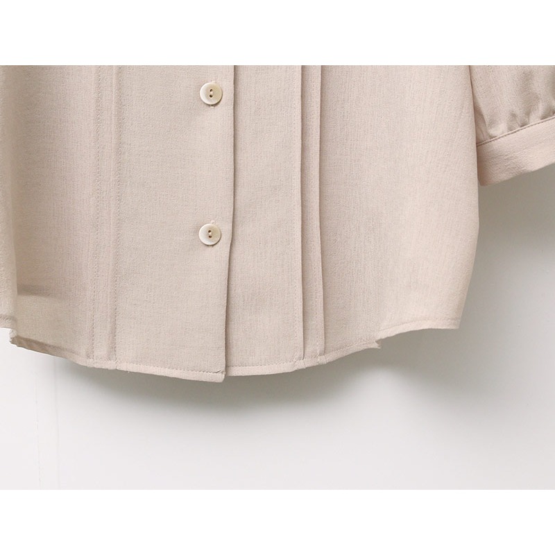 預購/HEDY赫蒂 正韓 W領 抓褶 五分袖雪紡衫 (FREE S/大M號)(薄荷/淺棕色/米色/黑色)-細節圖10