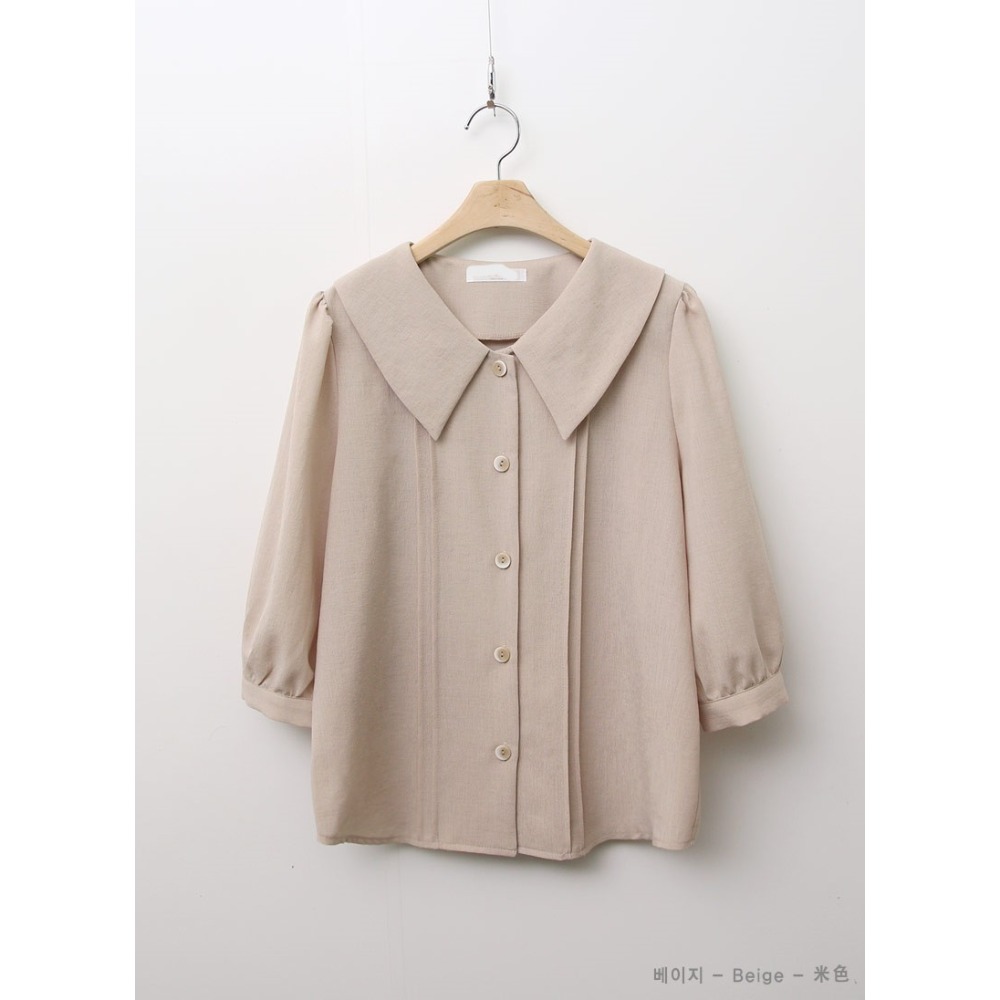 預購/HEDY赫蒂 正韓 W領 抓褶 五分袖雪紡衫 (FREE S/大M號)(薄荷/淺棕色/米色/黑色)-規格圖10