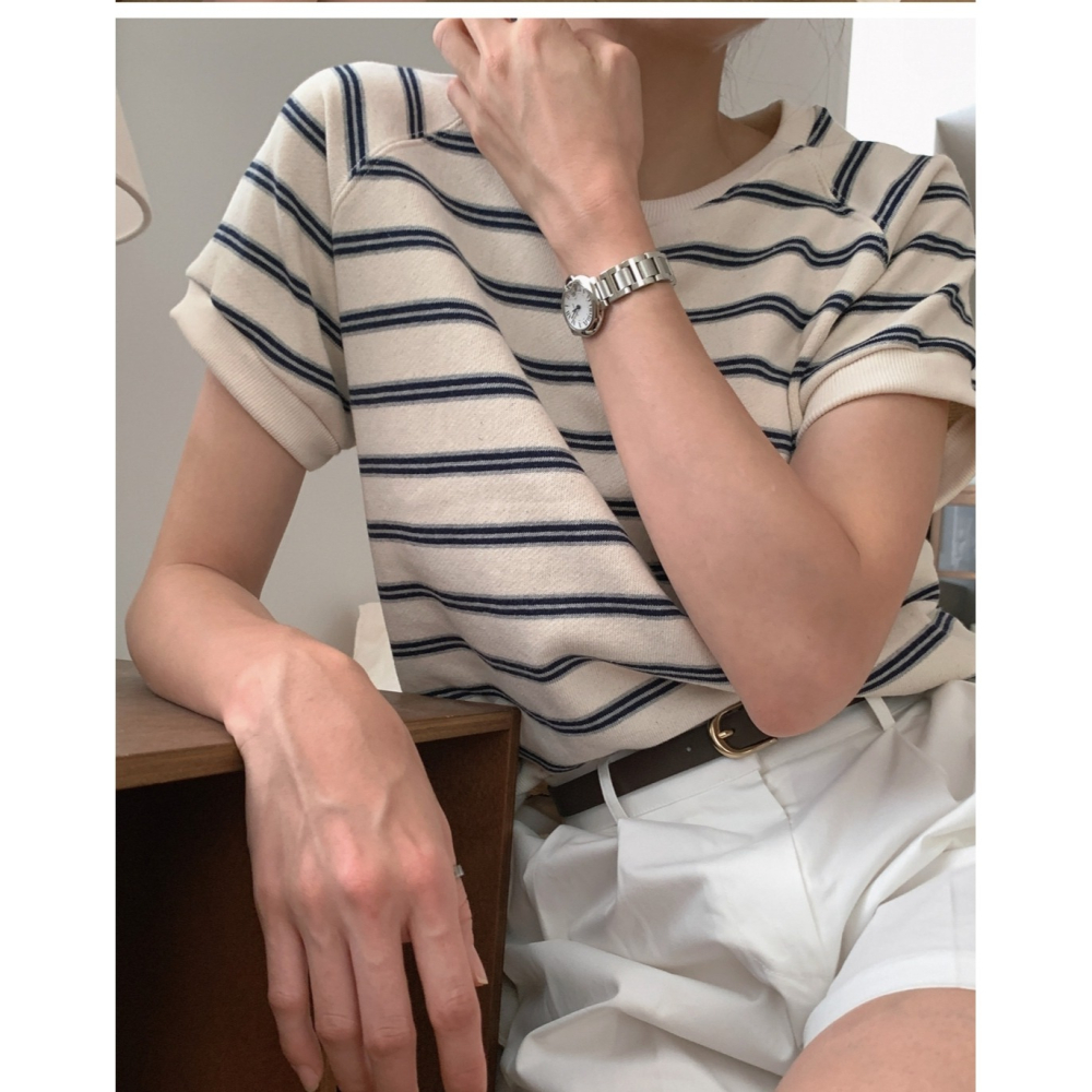 預購/HEDY赫蒂 正韓  沉穩色感 橫條紋 大學T 奶油色(FREE S-大M號適穿)-細節圖10