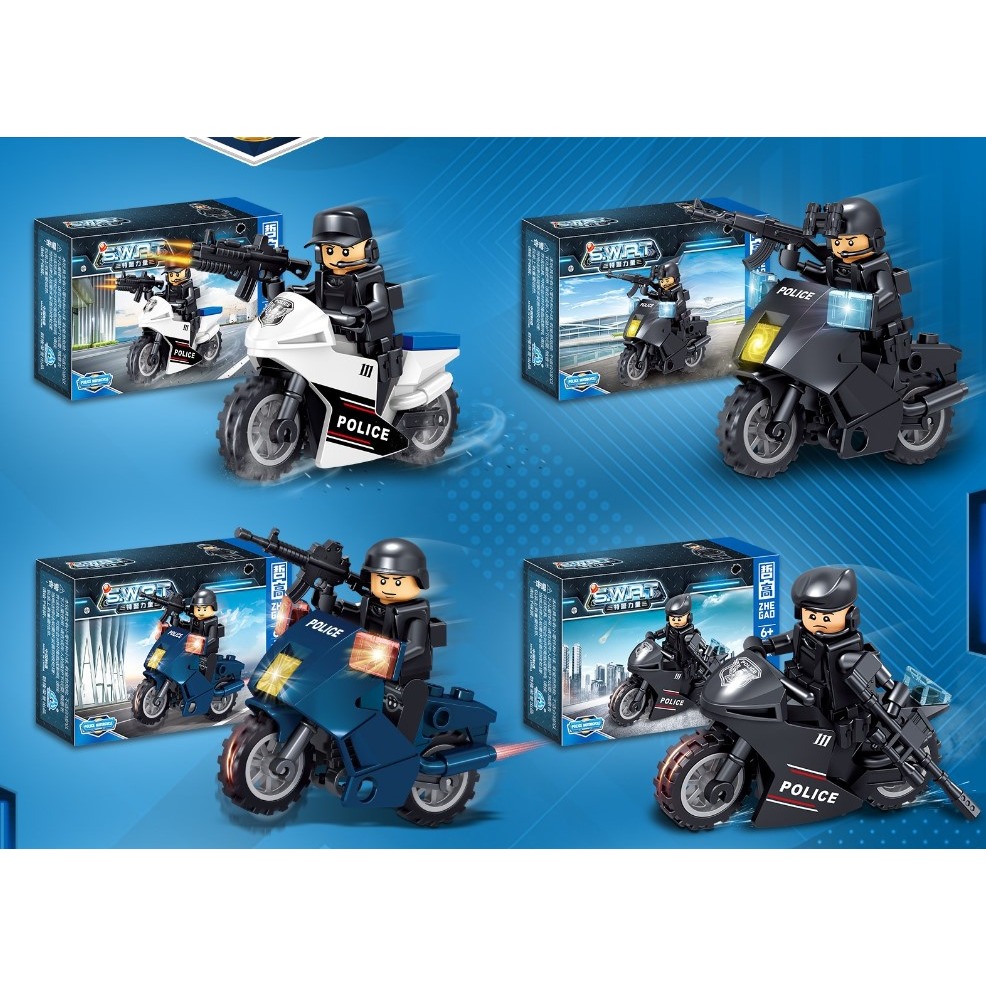 哲高912001 城市警察系列 特警摩托車 警察機車 拼裝積木-細節圖3