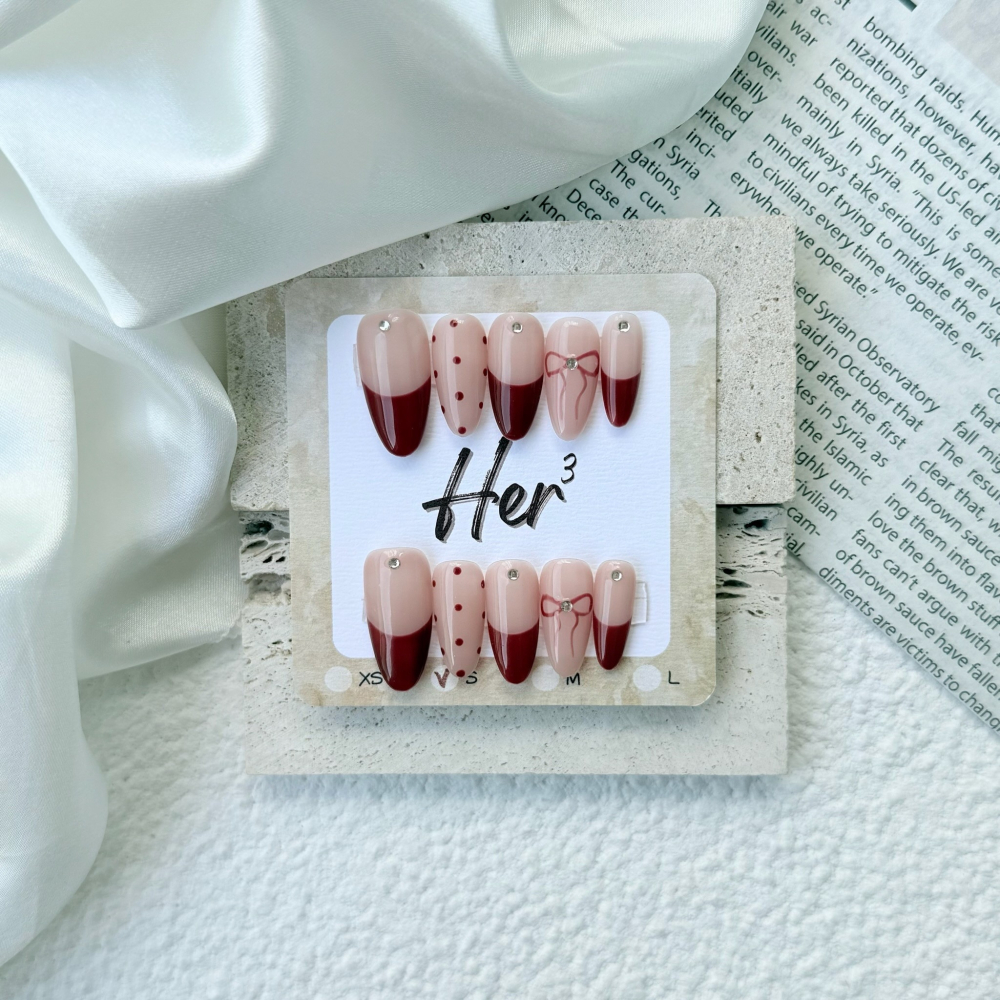 Her ³［點點來襲］N0056酒紅色法式圓點甜美蝴蝶結穿戴甲-細節圖5