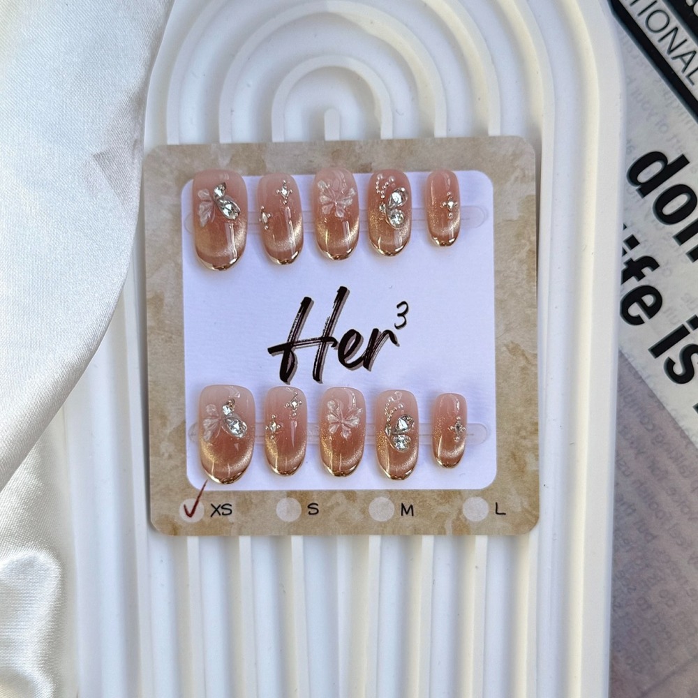 Her ³［琉璃金蝶］N0066金邊細法式粉色貓眼蝴蝶穿戴甲-細節圖3