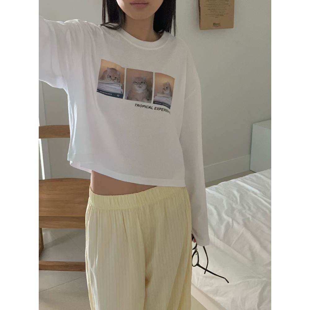 🌿預購款🌿純棉貓咪拼貼短版長袖T🇰🇷韓國製造-細節圖2