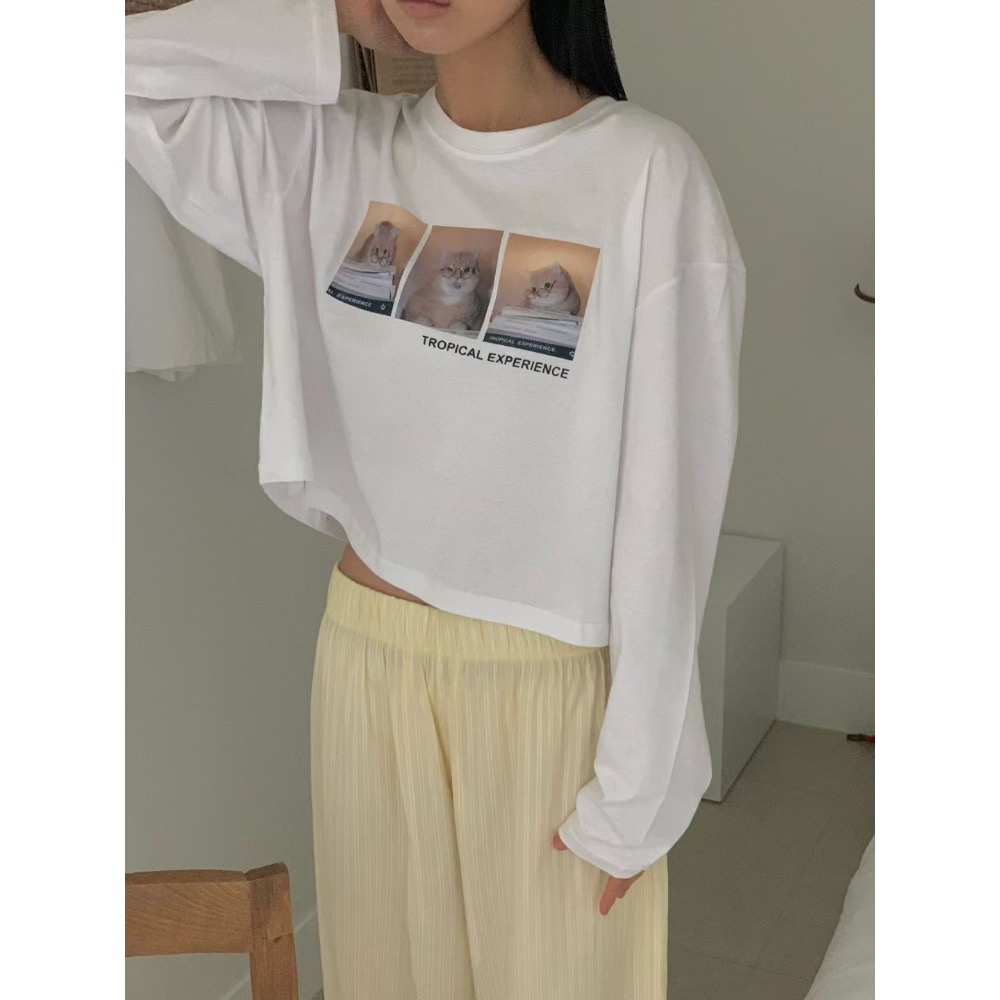 🌿預購款🌿純棉貓咪拼貼短版長袖T🇰🇷韓國製造-細節圖3