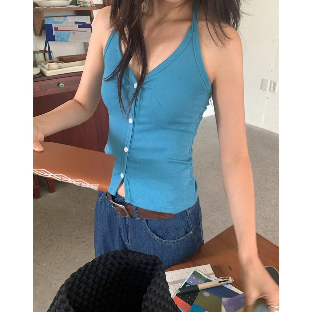 🇰🇷Onéul映日🇰🇷韓國女裝質感選品🌿秋冬新品🌿預購+現貨🌿繞頸鈕扣V領背心#韓國製造#正韓-細節圖2