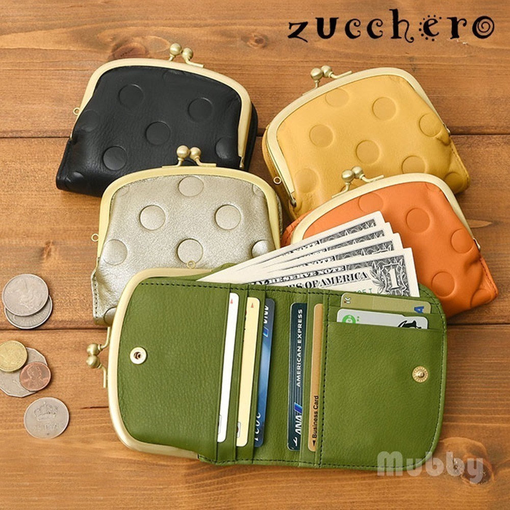 日本製 zucchero 真皮圓點兩折錢包 雙折錢包 口金短夾 錢包 皮夾 手工製 多款顏色可選 現貨-細節圖2