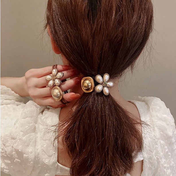 5357 韓版ins 東大門馬卡龍珍珠髮圈 時尚簡約花朵髮圈 女式扎頭髮頭繩 髮圈-細節圖3