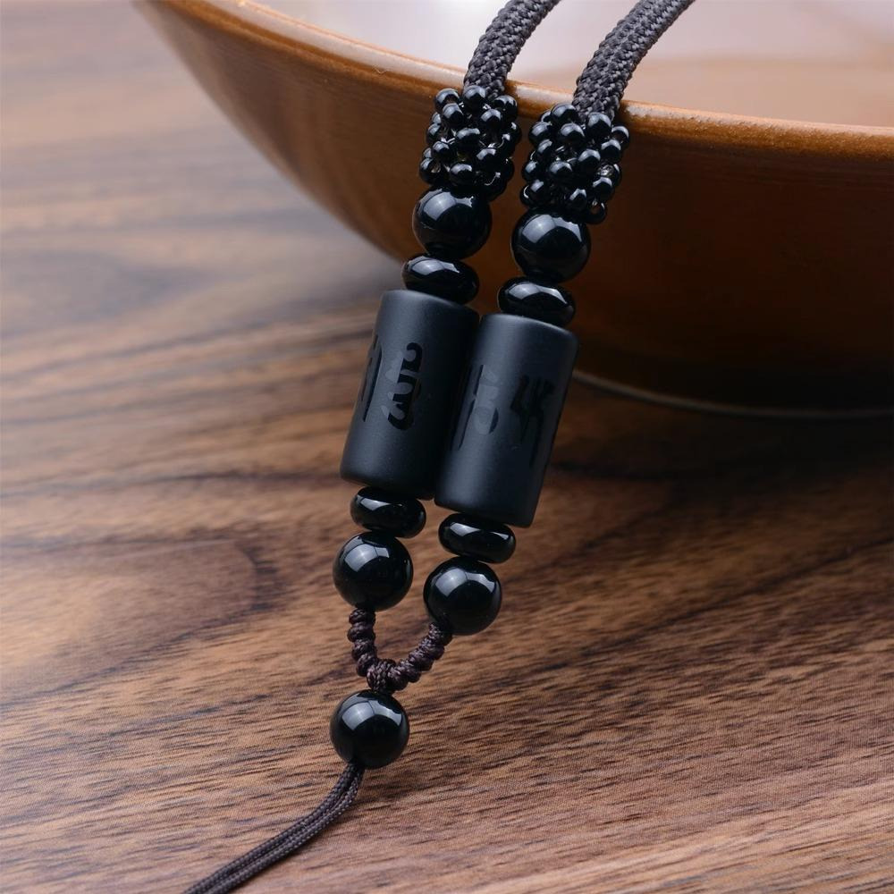高檔天然黑瑪瑙六字真言吊墜掛繩  高品質桶珠粗款DIY飾品配件 可伸縮掛飾繩 翡翠玉器玉佩玉墜項鍊繩-細節圖6