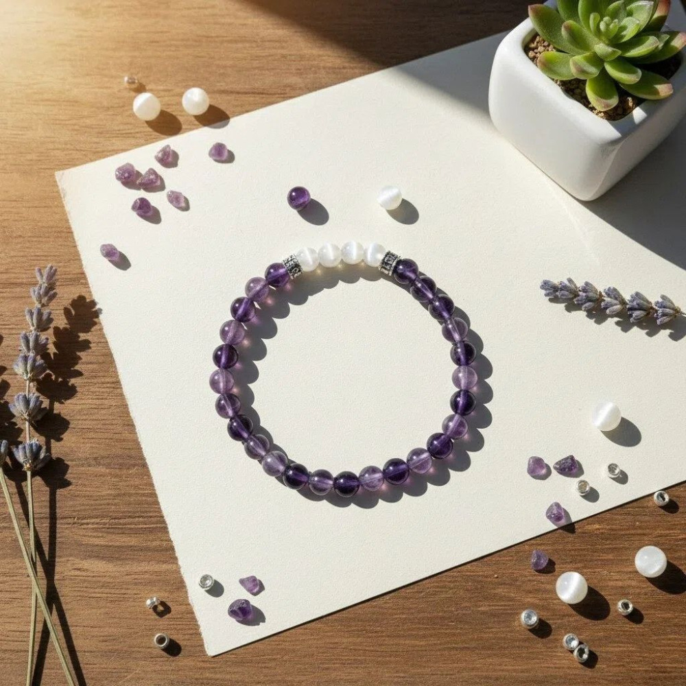 【SYMKOD 台灣手作】天然夢幻紫水晶 白貓眼石手鍊 六字大明咒 招貴人 穩定情緒 學生 上班族 開運禮物-細節圖3