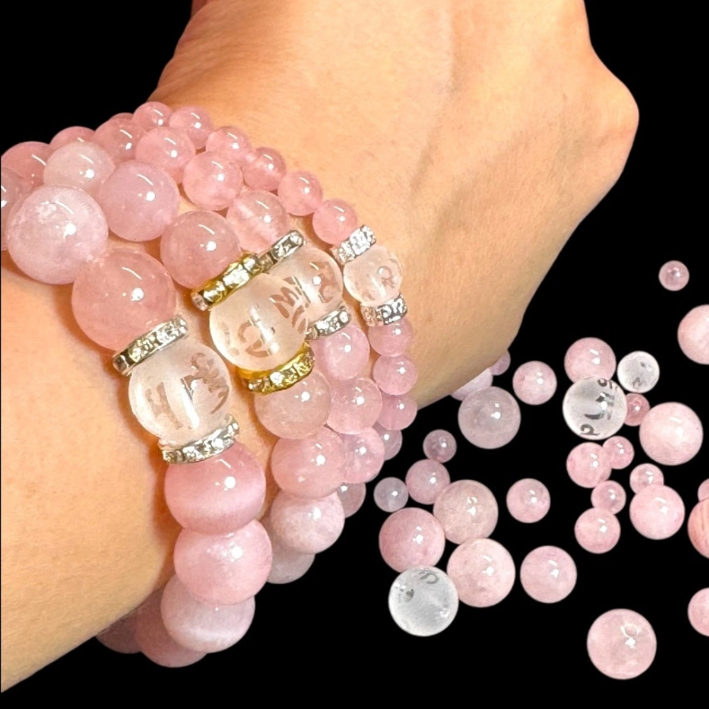 [辛‧寇德]天然粉晶手鍊手串 助靈感創意 提升人緣桃花 六字大明咒守護 台灣手作即時出貨 實拍品質把關附消磁石及收納盒-細節圖7