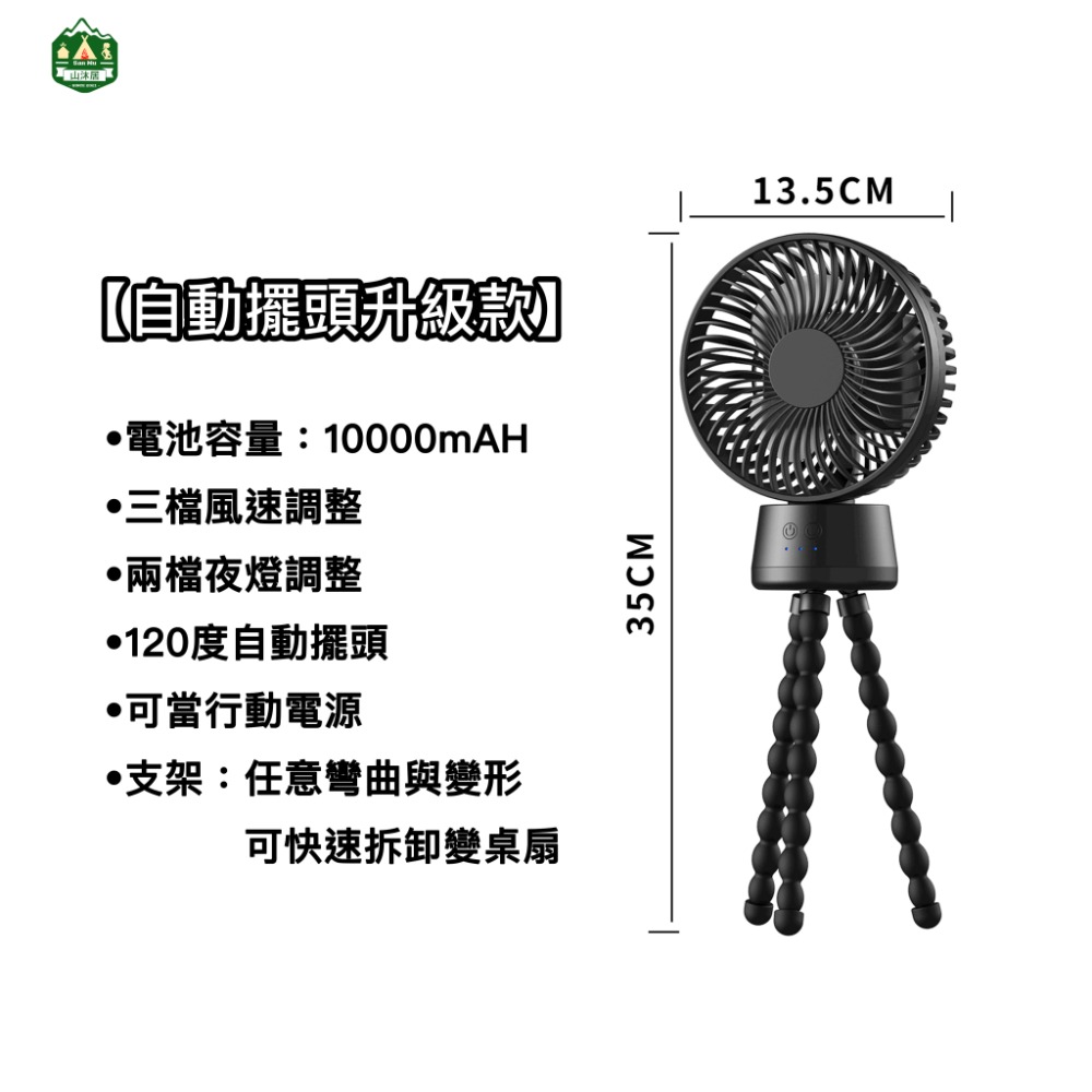 台灣現貨+快速出貨🐙多功能八抓推車風扇、10000mAh大電量自動擺頭小風扇、露營必備電風扇、戶外LED燈風扇🐙-規格圖9