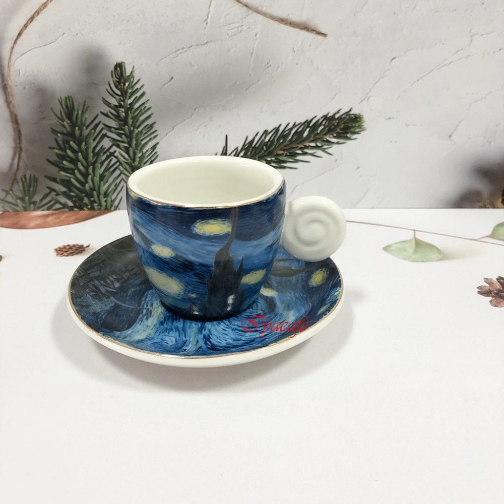 ✨愛鴨咖啡✨寬口杯 梵谷星空 拿鐵咖啡杯盤組 拉花咖啡杯 歐式咖啡杯-規格圖5