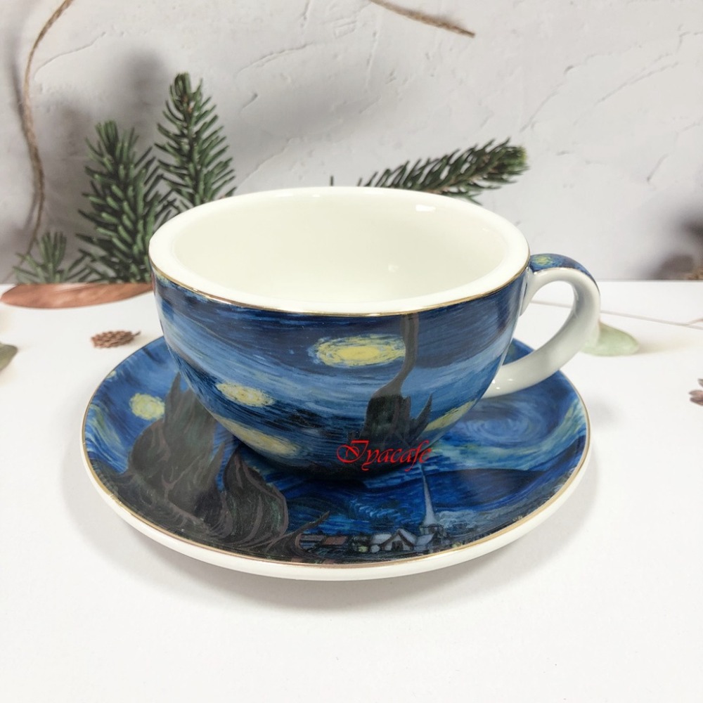 ✨愛鴨咖啡✨寬口杯 梵谷星空 拿鐵咖啡杯盤組 拉花咖啡杯 歐式咖啡杯-規格圖5