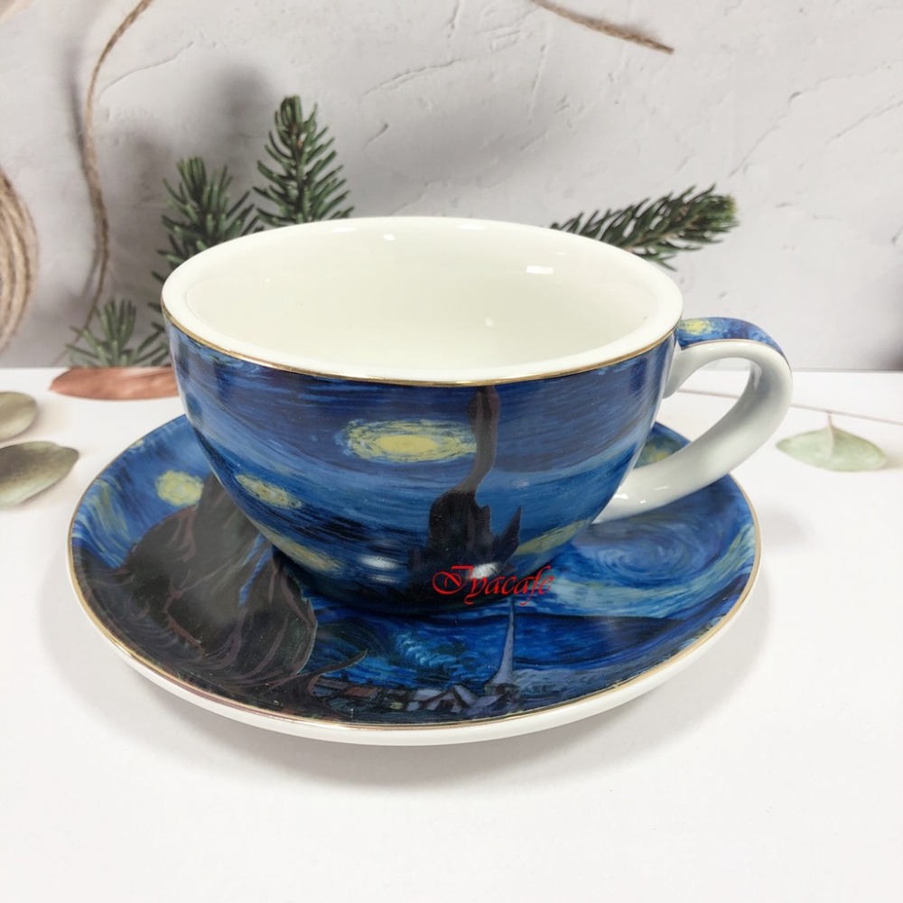 ✨愛鴨咖啡✨寬口杯 梵谷星空 拿鐵咖啡杯盤組 拉花咖啡杯 歐式咖啡杯-規格圖5