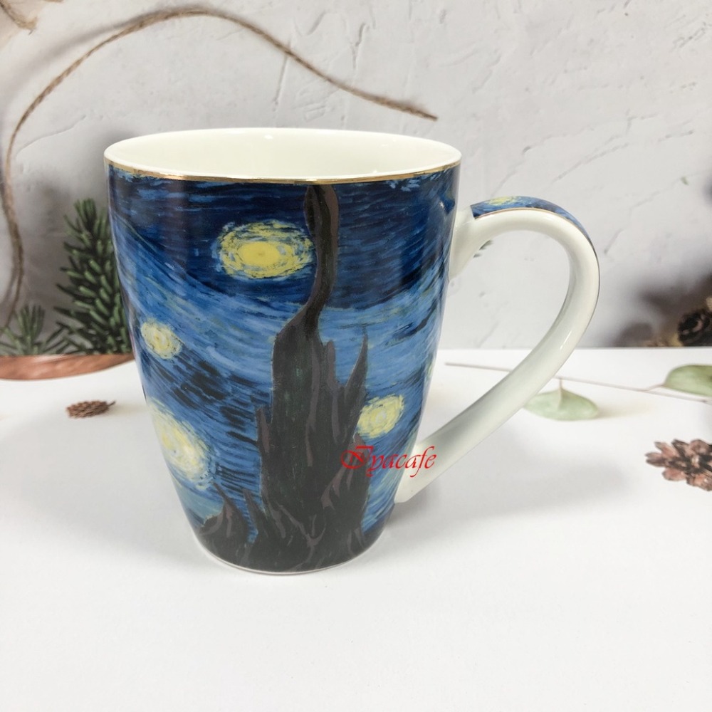 ✨愛鴨咖啡✨寬口杯 梵谷星空 拿鐵咖啡杯盤組 拉花咖啡杯 歐式咖啡杯-規格圖5