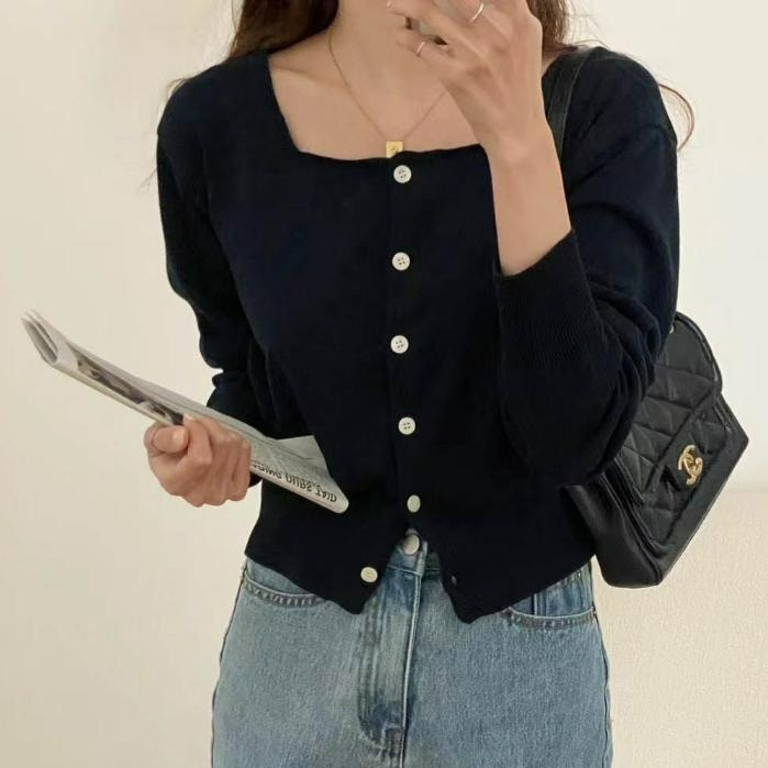 Sky Monkey 韓國 素面方領薄針織外套 TIZZI 正韓女裝 針織外套 排釦上衣 方領針織外套 韓國針織衫-細節圖4