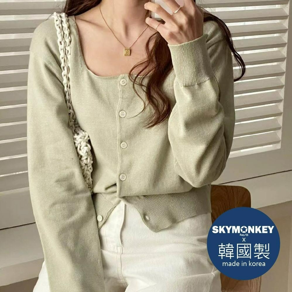 Sky Monkey 韓國 素面方領薄針織外套 TIZZI 正韓女裝 針織外套 排釦上衣 方領針織外套 韓國針織衫-細節圖5