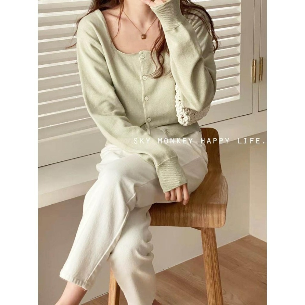 Sky Monkey 韓國 素面方領薄針織外套 TIZZI 正韓女裝 針織外套 排釦上衣 方領針織外套 韓國針織衫-細節圖6