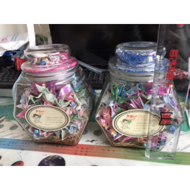 岡山可面交手工紙鶴玻璃罐密封罐星沙貝殼沙子藍色粉紅色一組 蜜蜂玻璃罐星星形狀玻璃罐-細節圖3
