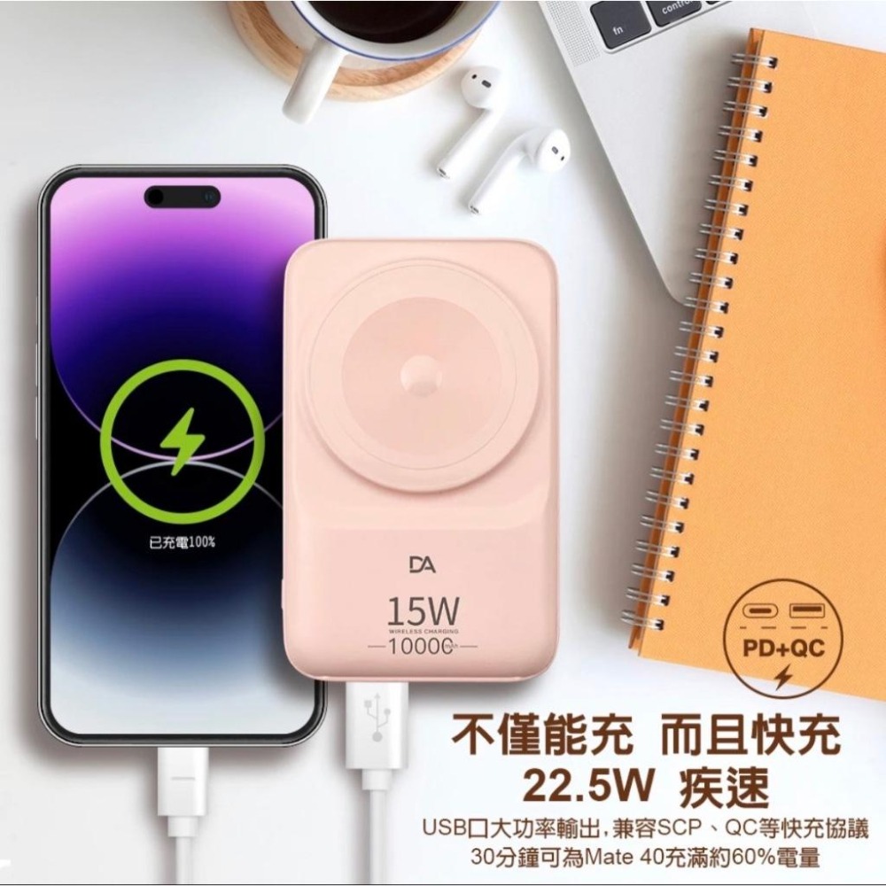 DA 22.5W 磁吸充電 行動電源 PD/QC3.0 快充 無線充電 現貨 自帶iPhone 安卓充電線 USB線-細節圖3