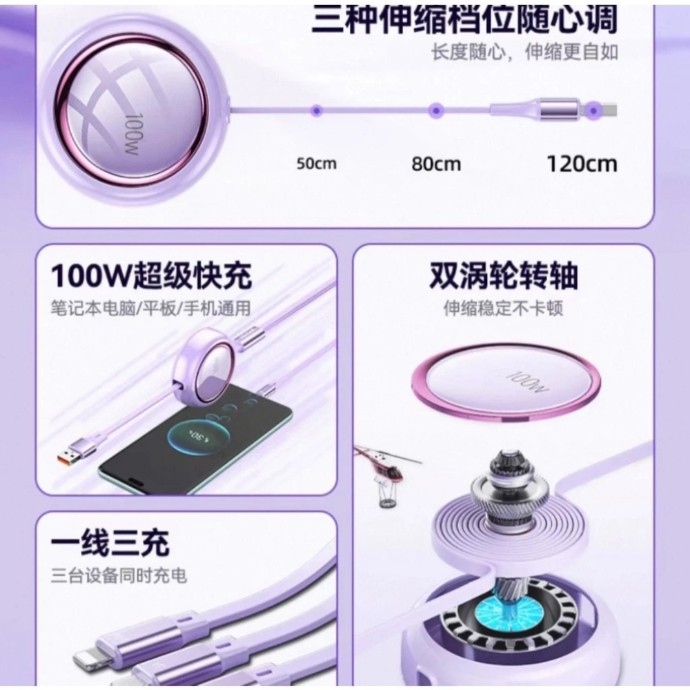 伸縮充電線 數據線 快充線 100W 三合一快充線 蘋果 TYPE-C 安卓 IPHONE 快充線 快充 充電線-細節圖2