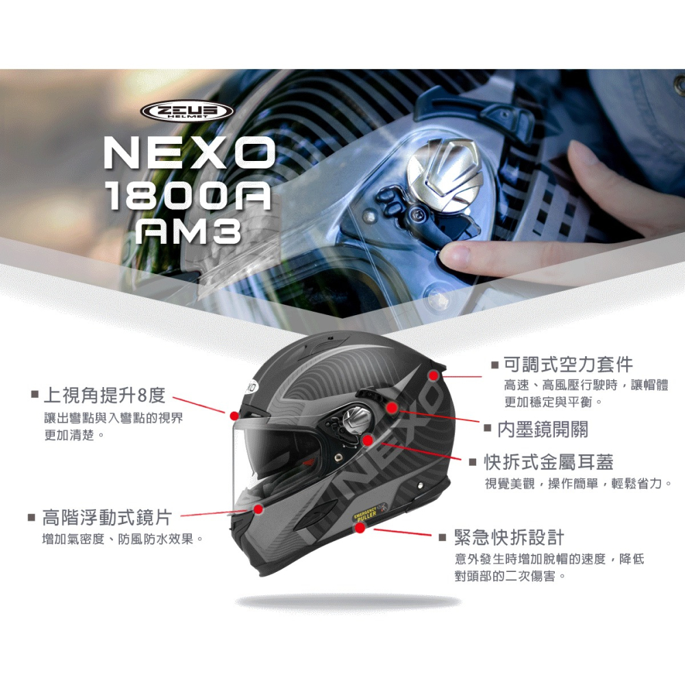 【JC VESPA】ZEUS全罩式安全帽 NEXO ZS-1800A (AM3 灰/平黑) 內墨鏡/通風/輕量/賽事帽-細節圖2