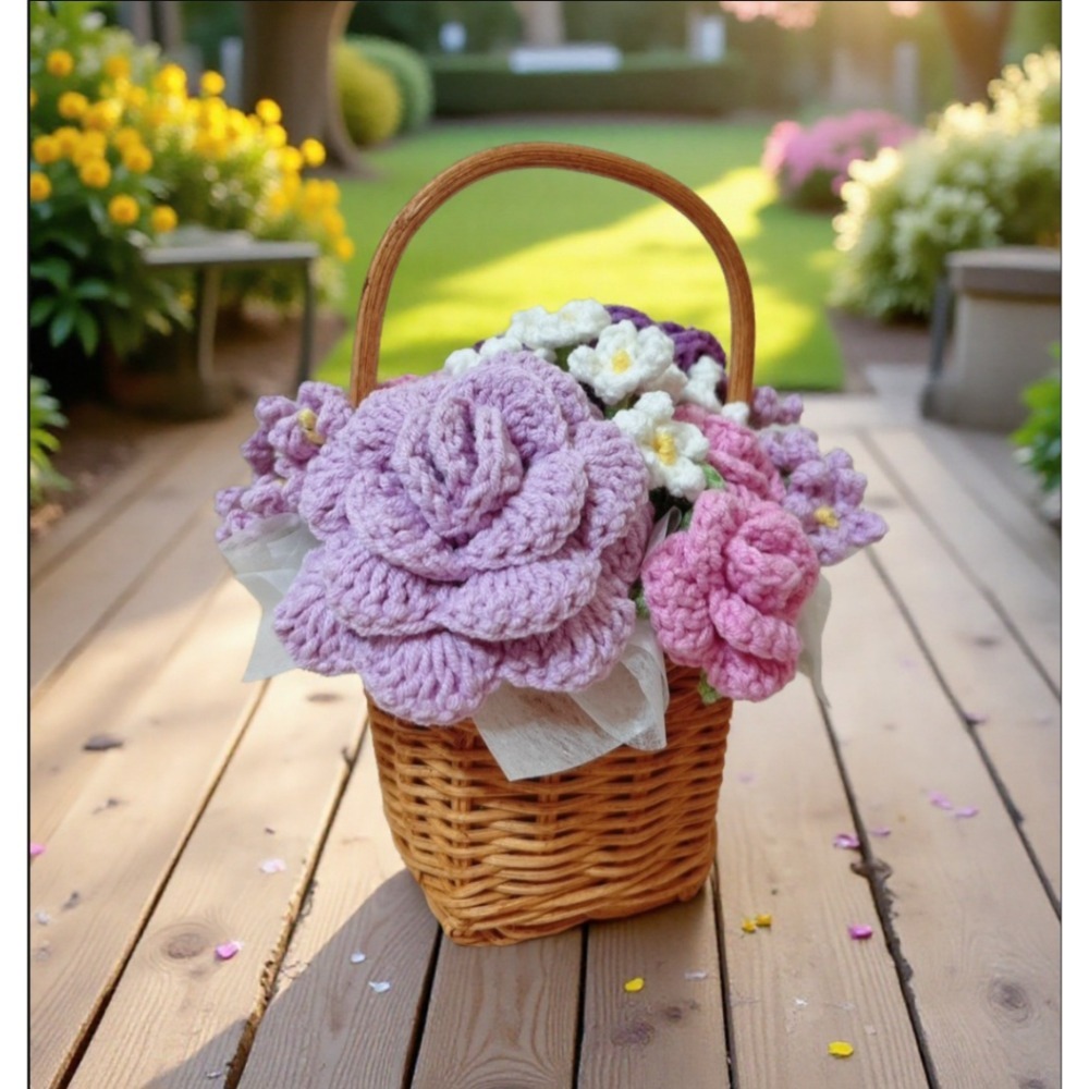 成品手工鉤針編織花籃盛放紫玫瑰情人節花籃-細節圖2