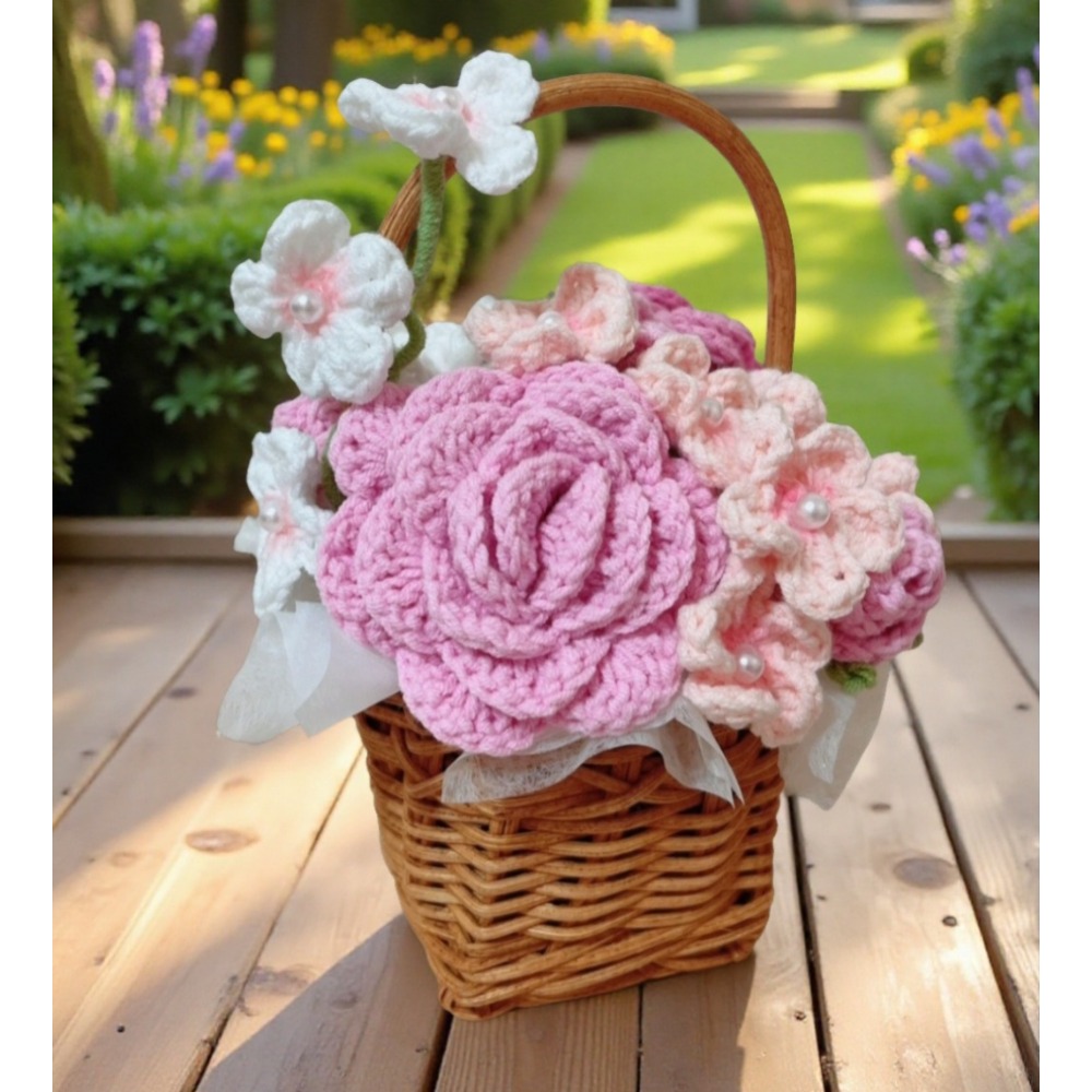 成品手工鉤針編織花籃綻放玫瑰花情人節花籃-細節圖2