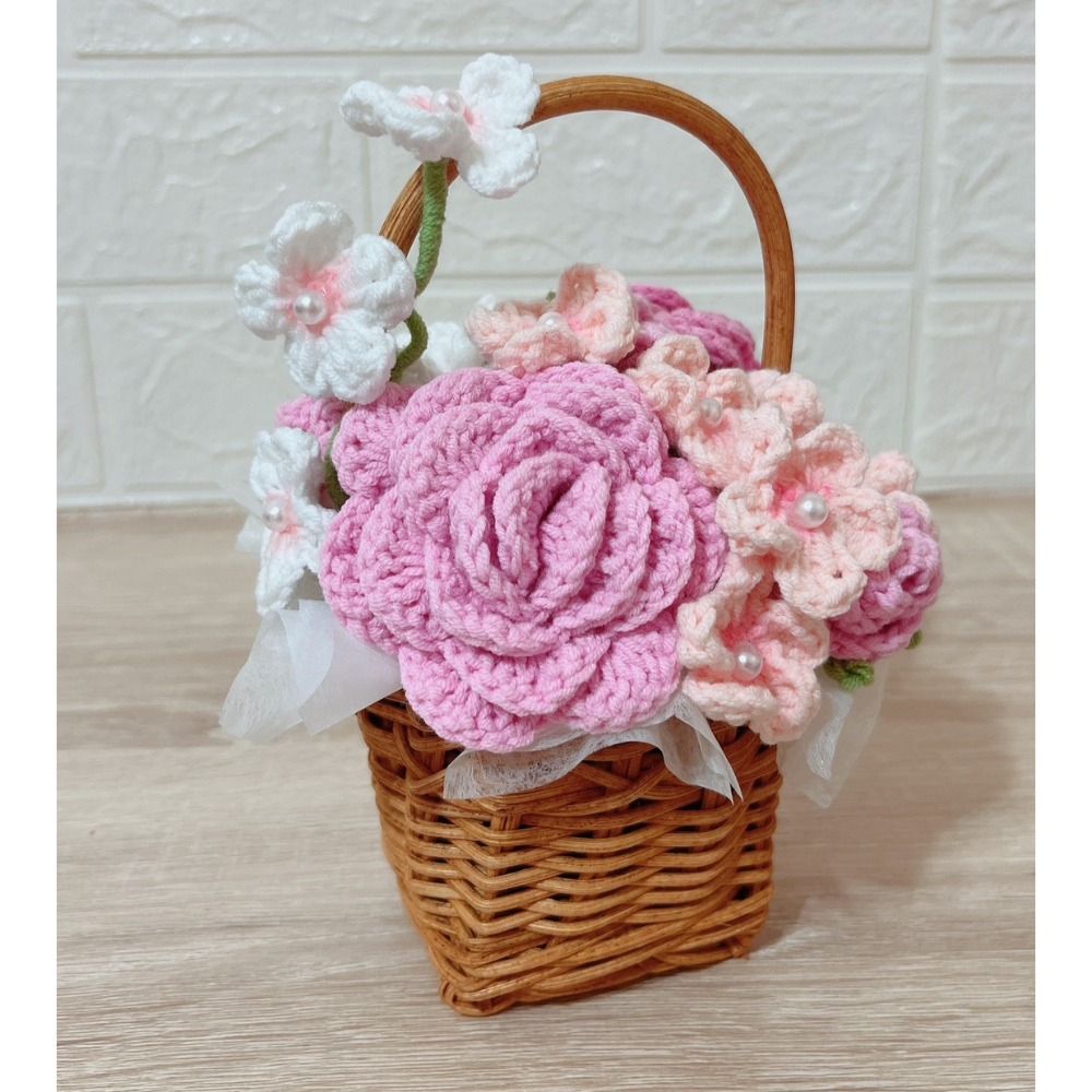 成品手工鉤針編織花籃綻放玫瑰花情人節花籃-細節圖4