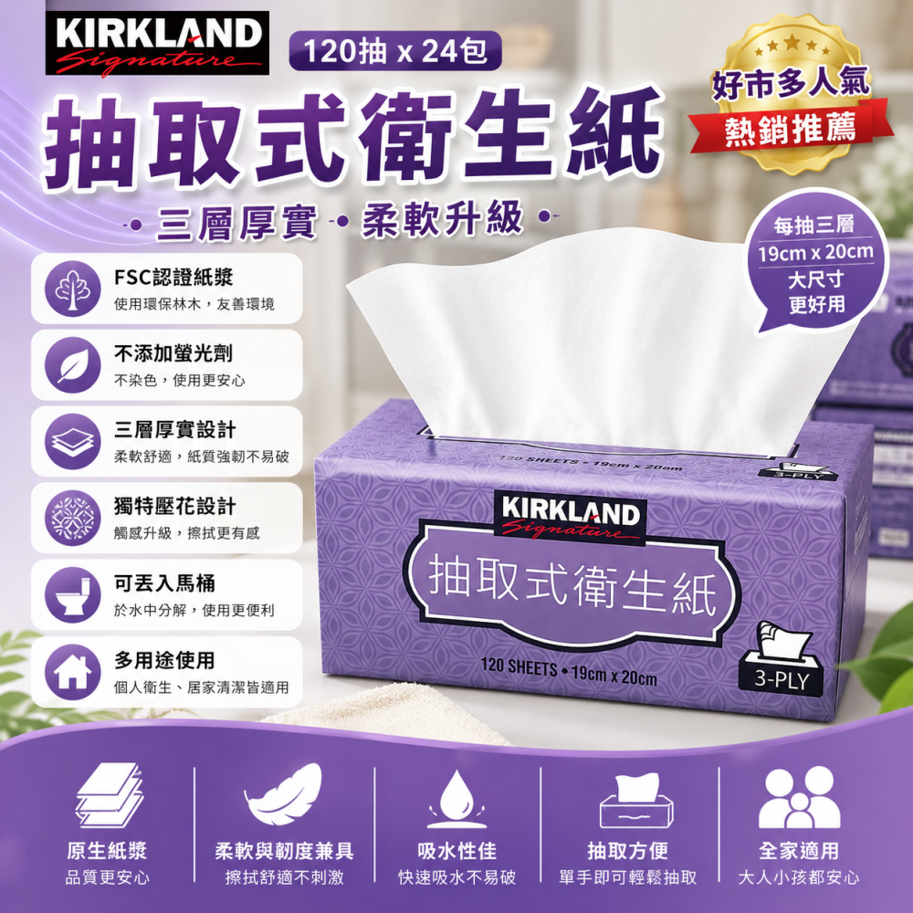 Kirkland Signature 科克蘭 三層抽取式衛生紙 120抽×24包｜原生紙漿 FSC認證 可丟馬桶-細節圖2