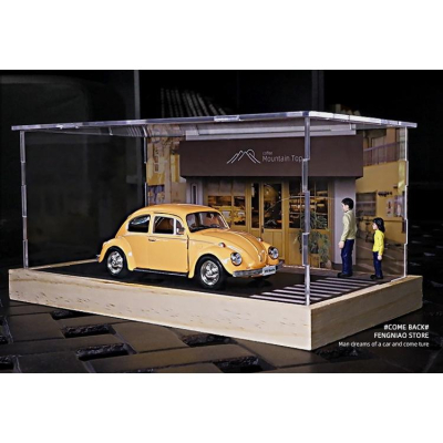 模型車防塵盒 1:32 1:36 日式街角咖啡廳場景展示盒 壓克力箱 模型收納防塵盒 車位 車庫 停車格