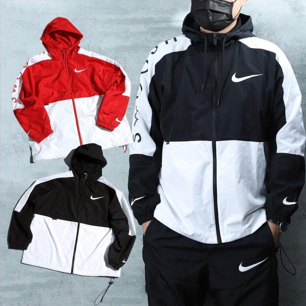 韓國代購 NIKE AS M NSW SWSH JKT WVN 男生 黑白色 字母 防風 薄款 連帽 防風外套 紅 黑-細節圖2