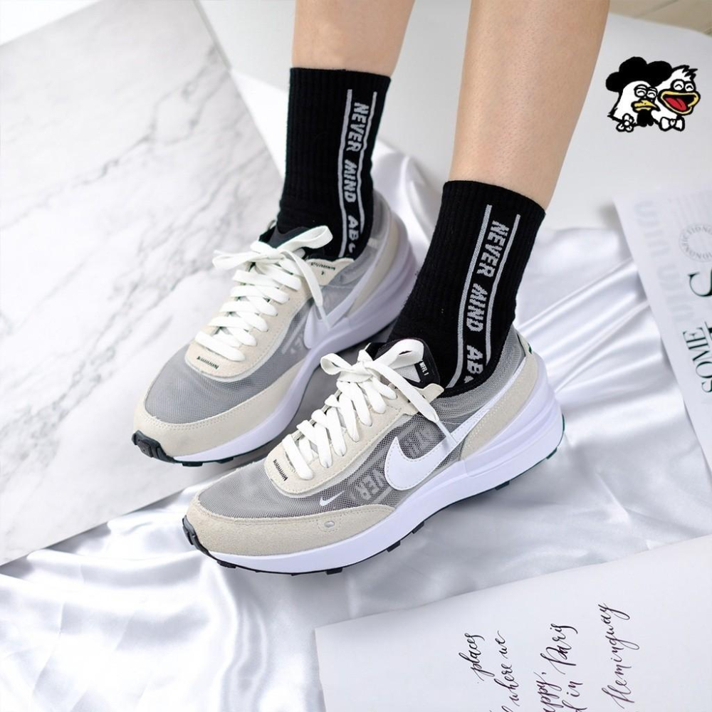 韓國代購 NIke waffle One 平民款 半透明 灰白 純黑 網面 透氣 運動休閒鞋 DA7995-100 男女-細節圖5