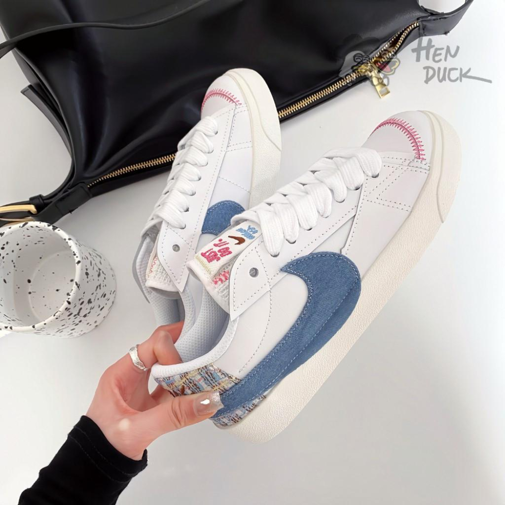 韓國代購 Nike Blazer Low Jumbo 白藍 牛仔帆布 休閒鞋 運動板鞋 女款 FJ7741-141-細節圖4