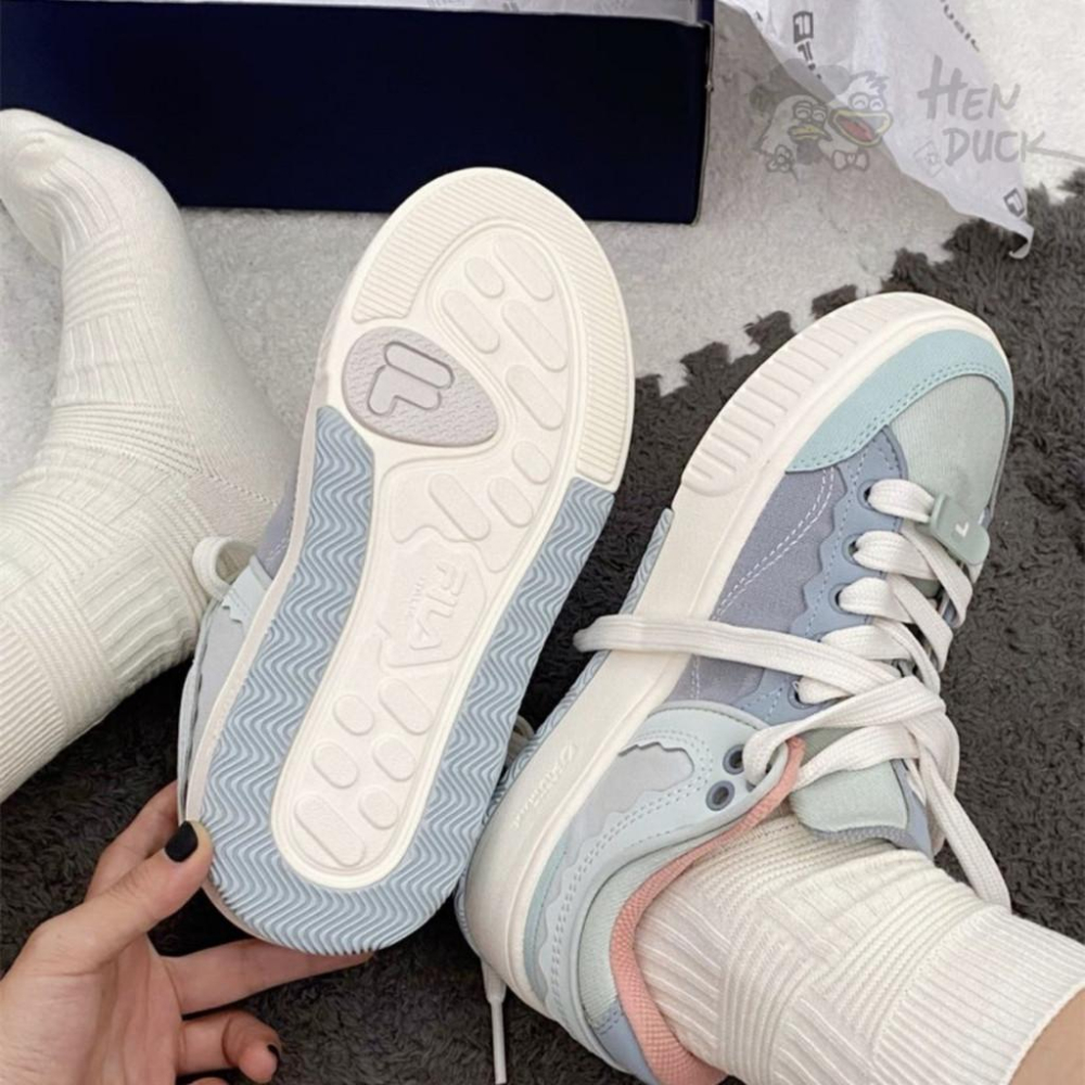 韓國代購 Fila Fusion 潮牌厚底板鞋 Stack 灰石藍 奶油色 增高款 運動休閒鞋 女款 鬆糕底 滑板鞋-細節圖3