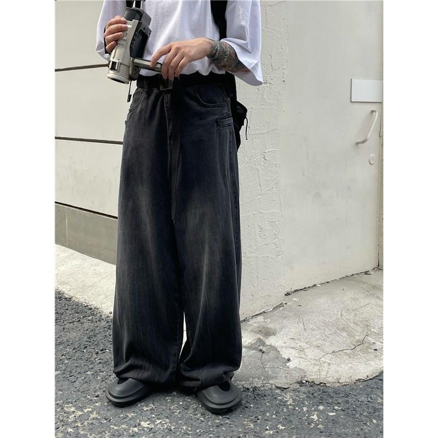 日係複古水洗做舊垂感拖地牛仔褲男秋季穿搭潮流寬鬆百搭闊腿長褲-細節圖3
