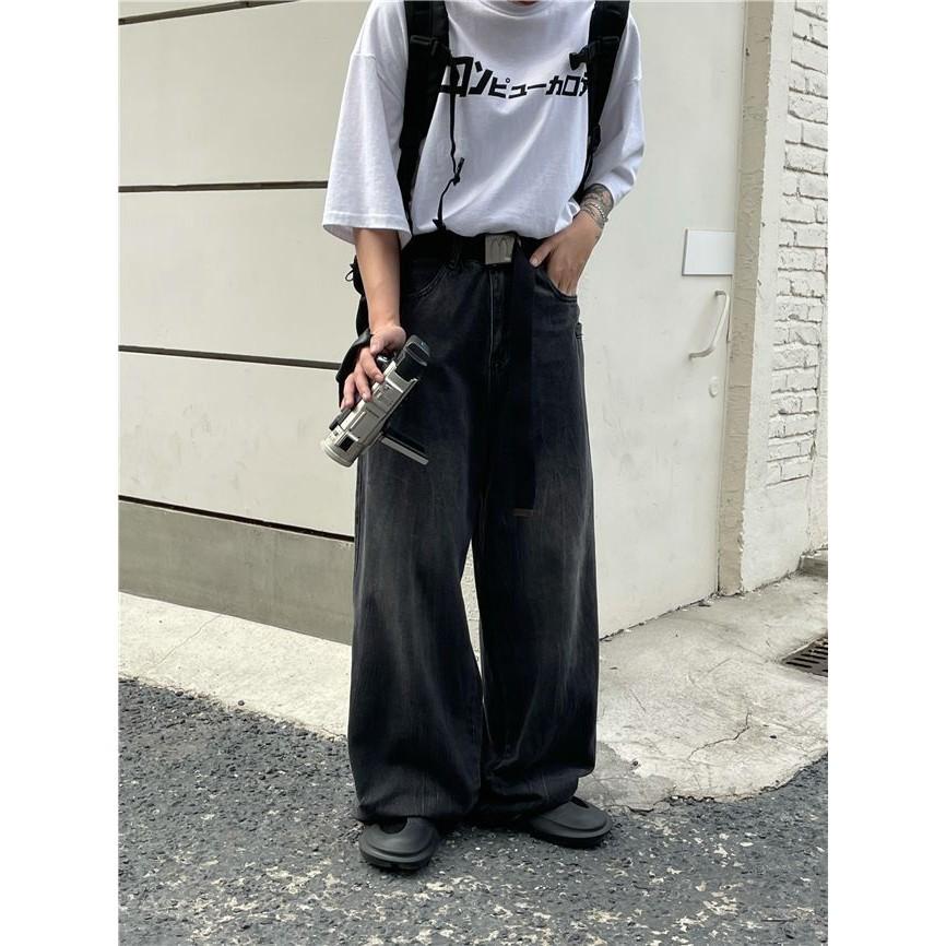 日係複古水洗做舊垂感拖地牛仔褲男秋季穿搭潮流寬鬆百搭闊腿長褲-細節圖4