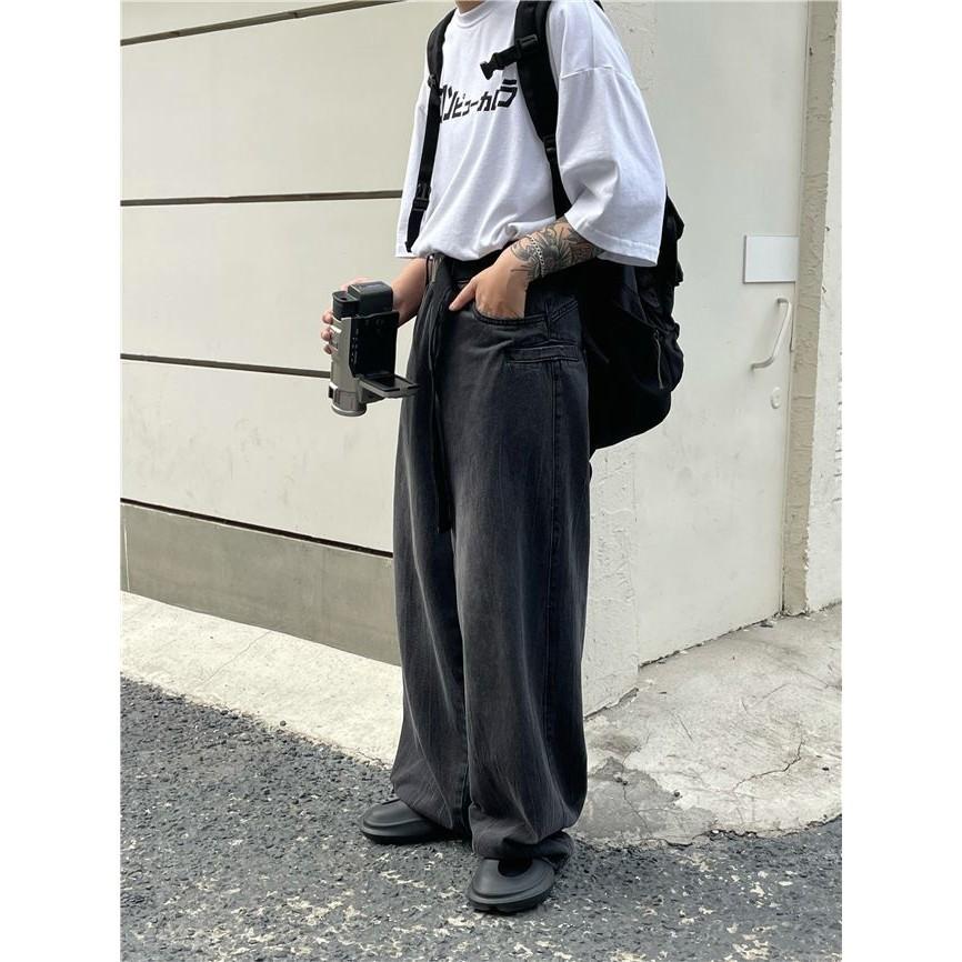 日係複古水洗做舊垂感拖地牛仔褲男秋季穿搭潮流寬鬆百搭闊腿長褲-細節圖5