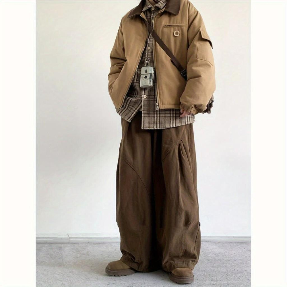 春秋季褶皺直筒寬鬆長褲男女生日係複古休閒褲學院風工裝闊腿褲潮-細節圖2