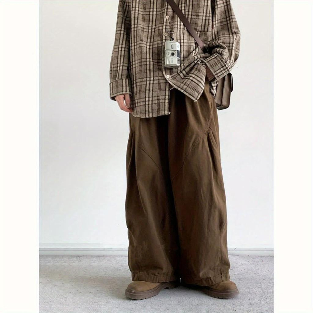 春秋季褶皺直筒寬鬆長褲男女生日係複古休閒褲學院風工裝闊腿褲潮-細節圖3