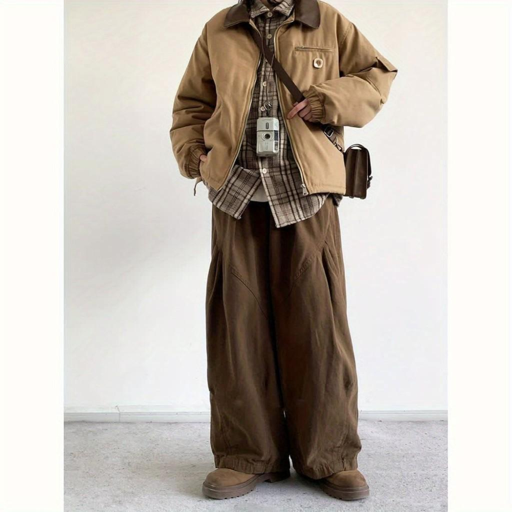 春秋季褶皺直筒寬鬆長褲男女生日係複古休閒褲學院風工裝闊腿褲潮-細節圖4