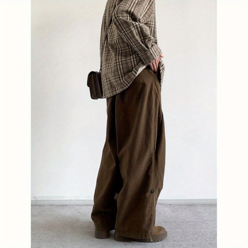 春秋季褶皺直筒寬鬆長褲男女生日係複古休閒褲學院風工裝闊腿褲潮-細節圖6