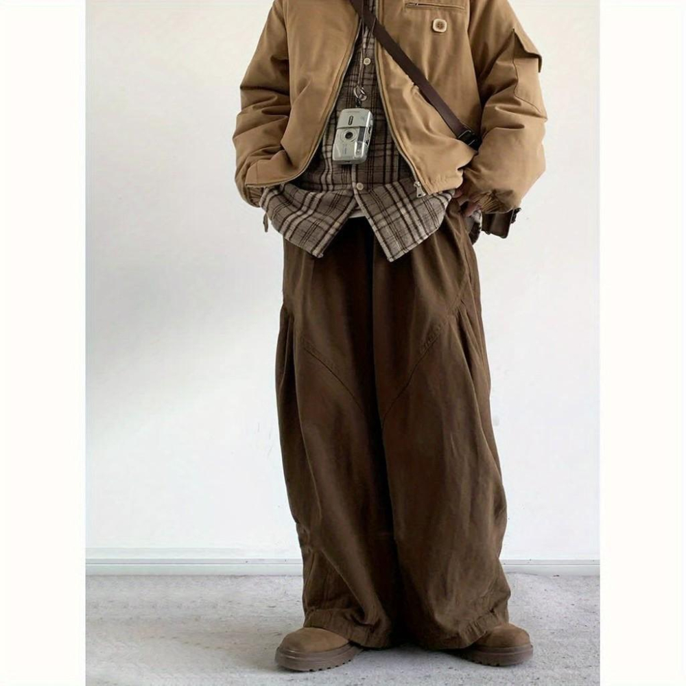 春秋季褶皺直筒寬鬆長褲男女生日係複古休閒褲學院風工裝闊腿褲潮-細節圖7